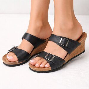 Birkenstock Papillio Sz 37 US 6 /6.5  Black Leather Wedge Sandals Comfort Shoe